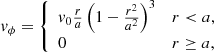 $$ \begin{aligned} { v}_{\phi } = \left\{ \begin{array}{ll} { v}_{0}\frac{r}{a}\left(1-\frac{r^{2}}{a^{2}}\right)^{3}&r < a, \\ 0&r \ge a, \end{array}\right. \end{aligned} $$