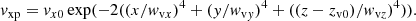 $$ \begin{aligned} v_{\rm xp}=v_{{x}0}\exp (-2((x/w_{\mathrm{v}x})^4+(y/w_{\mathrm{v}y})^4+((z-z_{\mathrm{v}0})/w_{\mathrm{v}z})^4)). \end{aligned} $$