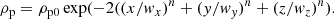 $$ \begin{aligned} \rho _{\rm p}=\rho _{\mathrm{p}0}\exp (-2((x/w_{x})^n+(y/w_{y})^n+(z/w_{z})^n). \end{aligned} $$