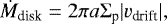 \begin{align*} \dot{M}_{\textrm{disk}}=2\pi a\Sigma_{\textrm{p}}|v_{\textrm{drift}}|,\end{align*}