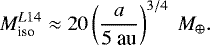 \begin{align*} M^{L14}_{\textrm{iso}}\approx20\left(\frac{a}{5\ \textrm{au}}\right)^{3/4}\ M_{\oplus}. \end{align*}