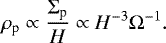 \begin{align*} \rho_{\textrm{p}}\propto \frac{\Sigma_{\textrm{p}}}{H}\propto H^{-3}\Omega^{-1}.\end{align*}