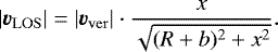 \begin{equation*} |\vec{v}_{\mathrm{LOS}}|=|\vec{v}_{\mathrm{ver}}|\cdot \frac{x}{\sqrt{(R&#x002B;b)^2&#x002B;x^2}}. \end{equation*}