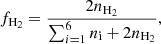 $$ \begin{aligned} f_{\rm H_2} = \frac{2 n_{\rm H_2}}{\sum _{i=1}^{6}{n_{\rm i}} + 2 n_{\rm H_2}}, \end{aligned} $$
