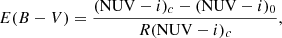$$ \begin{aligned} E(B-V) = \frac{(\mathrm{NUV}-i)_{c} - (\mathrm{NUV}-i)_{0}}{R(\mathrm{NUV}-i)_{c}}, \end{aligned} $$