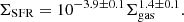 $$ \begin{aligned} \Sigma _{\rm SFR} = 10^{-3.9\pm 0.1}\Sigma _{\rm gas}^{1.4\pm 0.1}. \end{aligned} $$