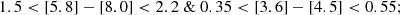 $$ \begin{aligned} 1.5 < [5.8]-[8.0]< 2.2~ \& ~ 0.35 < [3.6]-[4.5] < 0.55; \end{aligned} $$