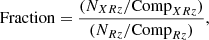 $$ \begin{aligned} \mathrm{Fraction} = {(N_{XRz}/ \mathrm{Comp}_{XRz}) \over (N_{Rz} /\mathrm{Comp}_{Rz})} ,\end{aligned} $$