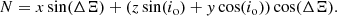 $$ \begin{aligned} N = x \sin (\Delta \Xi ) + (z \sin (i_{\rm o}) + { y} \cos (i_{\rm o})) \cos (\Delta \Xi ). \end{aligned} $$