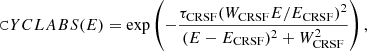 $$ \begin{aligned} \mathtt CYCLABS (E) = \exp \left(-\frac{\tau _\mathrm{CRSF} (W_\mathrm{CRSF} E/E_\mathrm{CRSF} )^2}{(E-E_\mathrm{CRSF} )^2+W_\mathrm{CRSF} ^2}\right), \end{aligned} $$