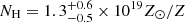 $ N_{\mathrm{H}}=1.3_{-0.5}^{+0.6}\times10^{19} Z_{\odot}/Z $