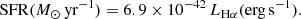 $$ \begin{aligned} \mathrm{SFR}(M_{\odot }\,\mathrm{yr}^{-1})=6.9\times 10^{-42}\,L_{\rm H\alpha }(\mathrm{erg\,s}^{-1}). \end{aligned} $$