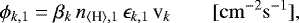 \begin{eqnarray*} \phi_{k,1} = \beta_k\,n_{\langle{\textrm{H}}\rangle,\textrm{1}}\,\epsilon_{k,1}\,\textrm{v}_k \quad\quad{\rm[cm^{-2}s^{-1}]}, \end{eqnarray*}