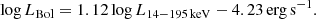 $$ \begin{aligned} \log {L_{\rm Bol}} = 1.12 \log {L_{14{-}195\,\mathrm{keV}}} - 4.23\,\mathrm{erg\,s}^{-1}. \end{aligned} $$