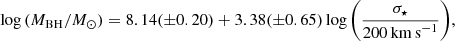$$ \begin{aligned} \log {(M_{\rm BH}/M_{\odot })} = 8.14 (\pm 0.20) + 3.38 (\pm 0.65) \log {\left( \frac{\sigma _{\star }}{200\,\mathrm{km\,s}^{-1}} \right)}, \end{aligned} $$