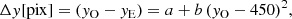 $$ \begin{aligned} \Delta y [\mathrm{pix} ]= (y_{\rm O}-y_{\rm E}) = a+b\,(y_{\rm O}-450)^2, \end{aligned} $$