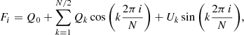 $$ \begin{aligned} F_i = Q_{0} + \sum _{k=1}^{N/2} Q_k \cos {\left(k\frac{2\pi \,i}{N}\right)} + U_k \sin {\left(k\frac{2\pi \,i}{N} \right)}, \end{aligned} $$
