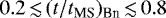 $0.2\,{\lesssim}\,(t/t_{\textrm{MS}})_{\textrm{Bn}}\,{\lesssim}\,0.8$