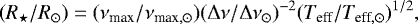 \begin{equation*} (R_{\star}/R_{\odot}) = (\nu_{\textrm{max}}/\nu_{\textrm{max},\odot})(\Delta\nu/\Delta\nu_{\odot})^{-2}(T_{\textrm{eff}}/T_{\textrm{eff}, \odot})^{1/2}, \end{equation*}