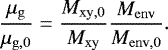 \begin{equation*} \frac{\mu_{\mathrm{g}}}{\mu_{\mathrm{g,0}}} = \frac{M_{\mathrm{xy,0}}}{M_{\mathrm{xy}}}\frac{M_{\mathrm{env}}}{M_{\mathrm{env,0}}}. \end{equation*}