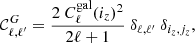 $$ \begin{aligned} \mathcal{C} _{\ell ,\ell ^{\prime} }^G = \frac{2 \ C_\ell ^\mathrm{gal}(i_z)^2}{2\ell +1} \ \delta _{\ell ,\ell ^{\prime} } \ \delta _{i_z,j_z}, \end{aligned} $$