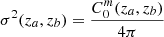 $$ \begin{aligned} \sigma ^2(z_a,z_b) = \frac{C_0^m(z_a,z_b)}{4\pi } \end{aligned} $$
