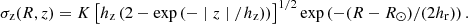 $$ \begin{aligned} \sigma _{\rm z}(R,z) =K\left[ h_{\rm z} \left( 2 - \exp \left(-\mid z \mid / h_{\rm z}\right)\right) \right]^{1/2} \exp \left(- (R - R_\odot )/(2h_{\rm r}) \right) .\end{aligned} $$