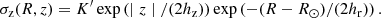 $$ \begin{aligned} \sigma _{\rm z}(R,z) = K^\prime \exp \left( \mid z \mid / (2h_{\rm z})\right) \exp \left(- (R - R_\odot ) / (2h_{\rm r}) \right) .\end{aligned} $$