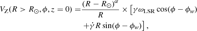 $$ \begin{aligned} V_{\rm Z}(R > {R_ \odot },\phi ,z = 0) =&\frac{{{{\left( {R - {R_ \odot }} \right)}^\alpha }}}{R}\times \left[ \gamma \omega _{\rm LSR}\cos (\phi - {\phi _\textit{w}})\right.\nonumber \\&\left.+ \dot{\gamma }R\sin (\phi - {\phi _\textit{w}}) \right] , \end{aligned} $$