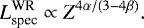 \begin{equation*} L_{\textrm{spec}}^{\textrm{WR}} \propto Z^{4\alpha / (3 - 4\beta)}. \end{equation*}