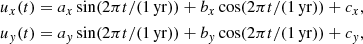 $$ \begin{aligned} \begin{aligned}&u_x(t) = a_x \sin (2\pi t/({1}\,\mathrm{yr})) + b_x \cos (2\pi t/({1}\,\mathrm{yr})) + c_x, \\&u_y(t) = a_y \sin (2\pi t/({1}\,\mathrm{yr})) + b_y \cos (2\pi t/({1}\,\mathrm{yr})) + c_y, \end{aligned} \end{aligned} $$
