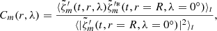 $$ \begin{aligned} C_m(r,\lambda ) = \frac{\langle {\tilde{\zeta}^\prime_{m}}(t,r,\lambda ) {\tilde{\zeta }_m^{\prime *}}(t,r = R,\lambda = 0^{\circ }) \rangle _t}{\langle \vert {\tilde{\zeta}_m^\prime} (t,r = R,\lambda = 0^{\circ }) \vert ^2 \rangle _t}, \end{aligned} $$