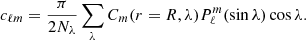$$ \begin{aligned} c_{\ell m} = \frac{\pi }{2 N_\lambda } \sum _{\lambda } C_m(r = R,\lambda ) P_{\ell }^{m}(\sin \lambda ) \cos \lambda . \end{aligned} $$