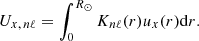 $$ \begin{aligned} U_{x,\,n \ell } = \int _0^{R_\odot } K_{n \ell }(r) u_x(r) \mathrm{d}r. \end{aligned} $$