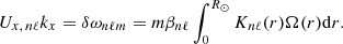 $$ \begin{aligned} U_{x,\,n \ell } k_x = \delta \omega _{n \ell m} = m \beta _{n \ell } \int _0^{R_\odot } K_{n \ell }(r) \Omega (r) \mathrm{d}r. \end{aligned} $$