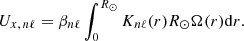 $$ \begin{aligned} U_{x,\,n \ell } = \beta _{n \ell } \int _0^{R_\odot } K_{n\ell }(r) R_\odot \Omega (r) \mathrm{d}r. \end{aligned} $$