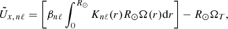 $$ \begin{aligned} \tilde{U}_{x,\,n \ell } = \left[ \beta _{n \ell } \int _0^{R_\odot } K_{n \ell }(r) R_\odot \Omega (r) \mathrm{d}r \right] - R_\odot \Omega _{T}, \end{aligned} $$