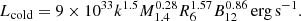 $$ \begin{aligned} L_{\rm cold}=9\times 10^{33}k^{1.5}M_{1.4}^{0.28}R_6^{1.57}B_{12}^{0.86}\,\mathrm{erg\,s}^{-1}. \end{aligned} $$