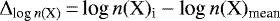 ${\Delta_{\textrm{log}\,{n}(\textrm{X})}\,{=}\,\textrm{log}\,{n}(\textrm{X})_{\textrm{i}}-{\textrm{log}\,{n}(\textrm{X})_{\textrm{mean}}}}$