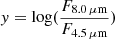 $ y=\log(\frac{F_{\mathrm{8.0\,\mu m}}}{F_{\mathrm{4.5\,\mu m}}}) $
