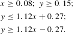 $$ \begin{aligned}&x\ge 0.08;\;y\ge 0.15 ;\\&y\le 1.12x+0.27 ;\\&y\ge 1.12x-0.27 . \end{aligned} $$