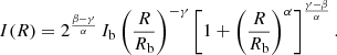 $$ \begin{aligned} I(R) = 2^{\frac{\beta -\gamma }{\alpha }}\,I_{\mathrm{b}} \left(\frac{R}{R_{\mathrm{b}}}\right)^{-\gamma } \left[ 1+\left(\frac{R}{R_{\mathrm{b}}}\right)^\alpha \right]^{\frac{\gamma -\beta }{\alpha }}. \end{aligned} $$