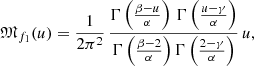 $$ \begin{aligned} {\mathfrak{M} }_{f_1}(u)&= \frac{1}{2\pi ^2}\, \frac{\Gamma \left(\tfrac{\beta -u}{\alpha }\right)\,\Gamma \left(\tfrac{u-\gamma }{\alpha }\right)}{\Gamma \left(\frac{\beta -2}{\alpha }\right)\Gamma \left(\frac{2-\gamma }{\alpha } \right)}\, u, \end{aligned} $$