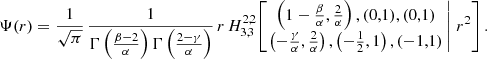 $$ \begin{aligned} \Psi (r) = \frac{1}{\sqrt{\pi }}\,\frac{1}{\Gamma \left(\frac{\beta -2}{\alpha }\right) \Gamma \left(\frac{2-\gamma }{\alpha } \right)}\, r\, H^{2,2}_{3,3}\!\left[\left. \begin{matrix} \left(1-\frac{\beta }{\alpha },\frac{2}{\alpha }\right), (0,1), (0,1) \\ \left(-\frac{\gamma }{\alpha },\frac{2}{\alpha }\right), \left(-\tfrac{1}{2},1\right), (-1,1) \end{matrix} \,\right|\, r^2 \right]. \end{aligned} $$