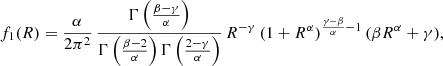 $$ \begin{aligned} f_1(R) = \frac{\alpha }{2\pi ^2}\, \frac{\Gamma \left(\frac{\beta -\gamma }{\alpha }\right)}{\Gamma \left(\frac{\beta -2}{\alpha }\right) \Gamma \left(\frac{2-\gamma }{\alpha } \right)}\, R^{-\gamma }\,(1+R^\alpha )^{\frac{\gamma -\beta }{\alpha }-1}\, (\beta R^\alpha +\gamma ), \end{aligned} $$