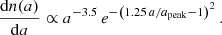 $$ \begin{aligned} \frac{\mathrm{d}n(a)}{\mathrm{d}a} \propto a^{-3.5} \, e^{-\left(1.25\,a/a_{\rm peak}-1\right)^2}\,. \end{aligned} $$