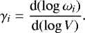 \begin{equation*}\gamma_i=\frac{\textrm{d} (\log \omega_i)}{\textrm{d} (\log V)}. \end{equation*}