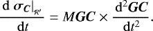 \begin{equation*} \frac{\, \mathrm{d} \left. \bm{\sigma_C} \right| _{_{\mathcal{R&#x0027;}}}}{\, \mathrm{d} t} = M \bm{GC} \times \frac{\, \mathrm{d} ^2 \bm{GC}}{\, \mathrm{d} t^2}.\end{equation*}