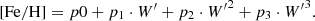 $$ [\mathrm{Fe} /\mathrm{H} ] = p0 + p_1 \cdot W^{\prime } + p_2 \cdot {W^{\prime }}^2 + p_3 \cdot {W^{\prime }}^3. $$