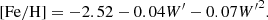 $$ [\mathrm{Fe} /\mathrm{H} ] = -2.52 - 0.04 W^{\prime } - 0.07 {W^{\prime }}^2. $$